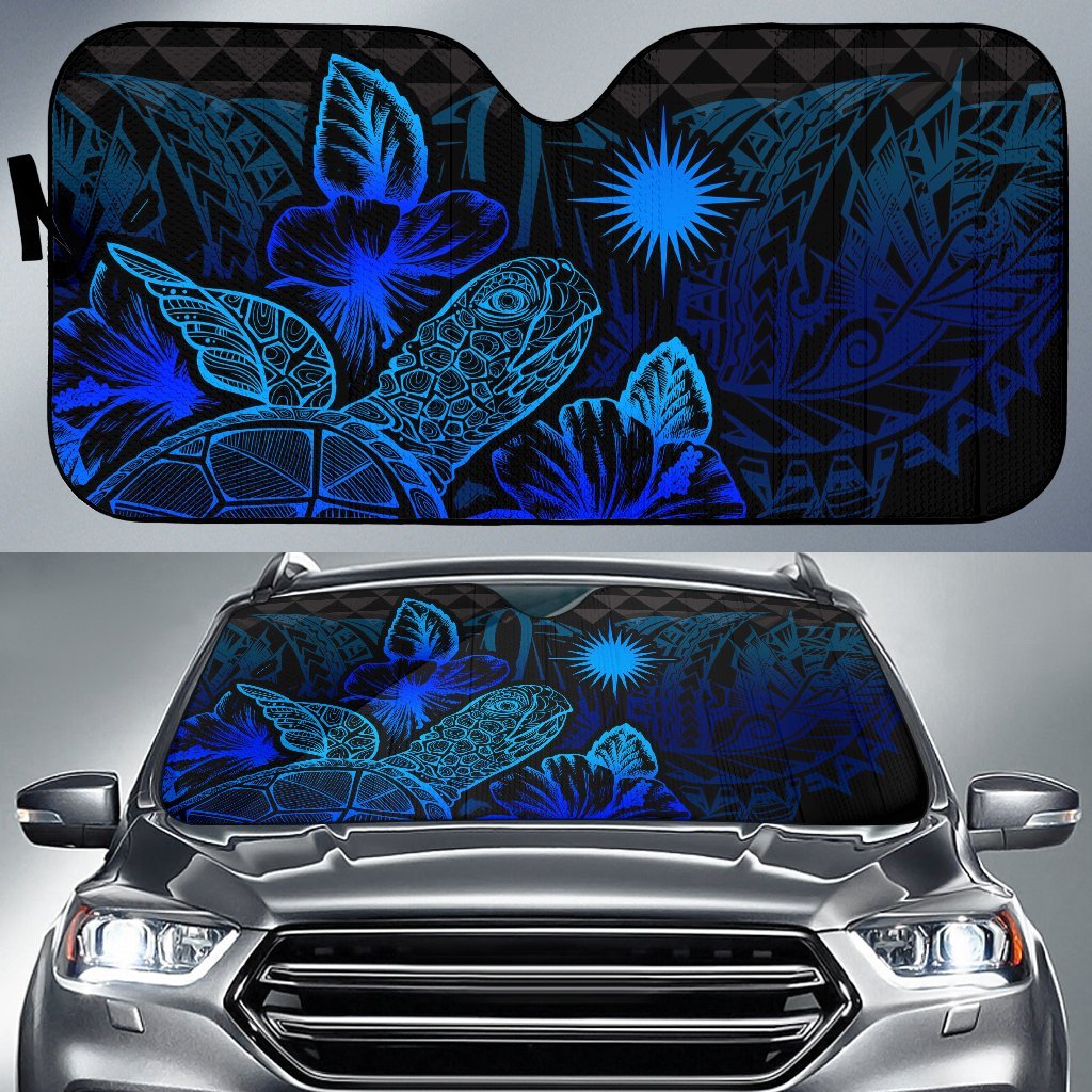 Marshall Islands Auto Sun Shades Turtle Hibiscus Blue Auto Sun Shade Universal Fit Blue - Polynesian Pride