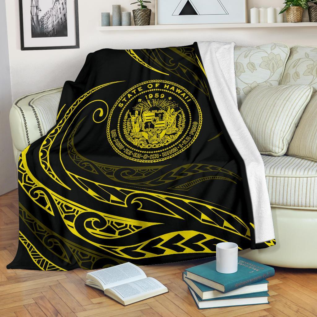 Hawaii Coat Of Arms Premium Blanket - Yellow - Frida Style White - Polynesian Pride