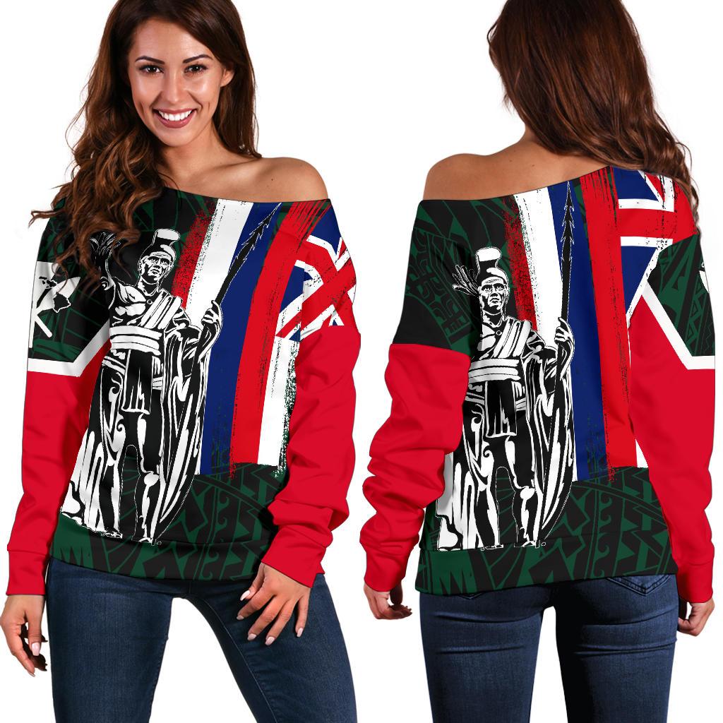 Hawaii Flag Flag Polynesian Women's Off Shoulder Sweater - Green Green - Polynesian Pride