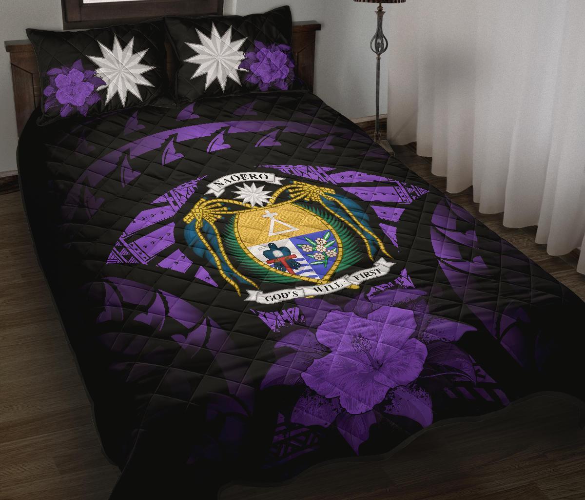 Nauru Polynesian Quilt Bed Set Hibiscus Purple Black - Polynesian Pride