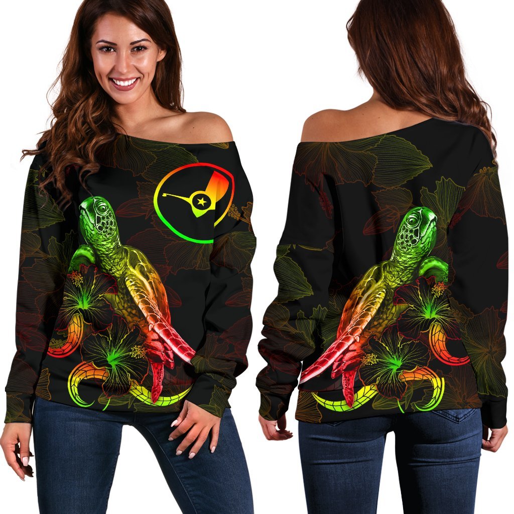 Yap Polynesian Women's Off Shoulder Sweater - Turtle With Blooming Hibiscus Reggae Art - Polynesian Pride