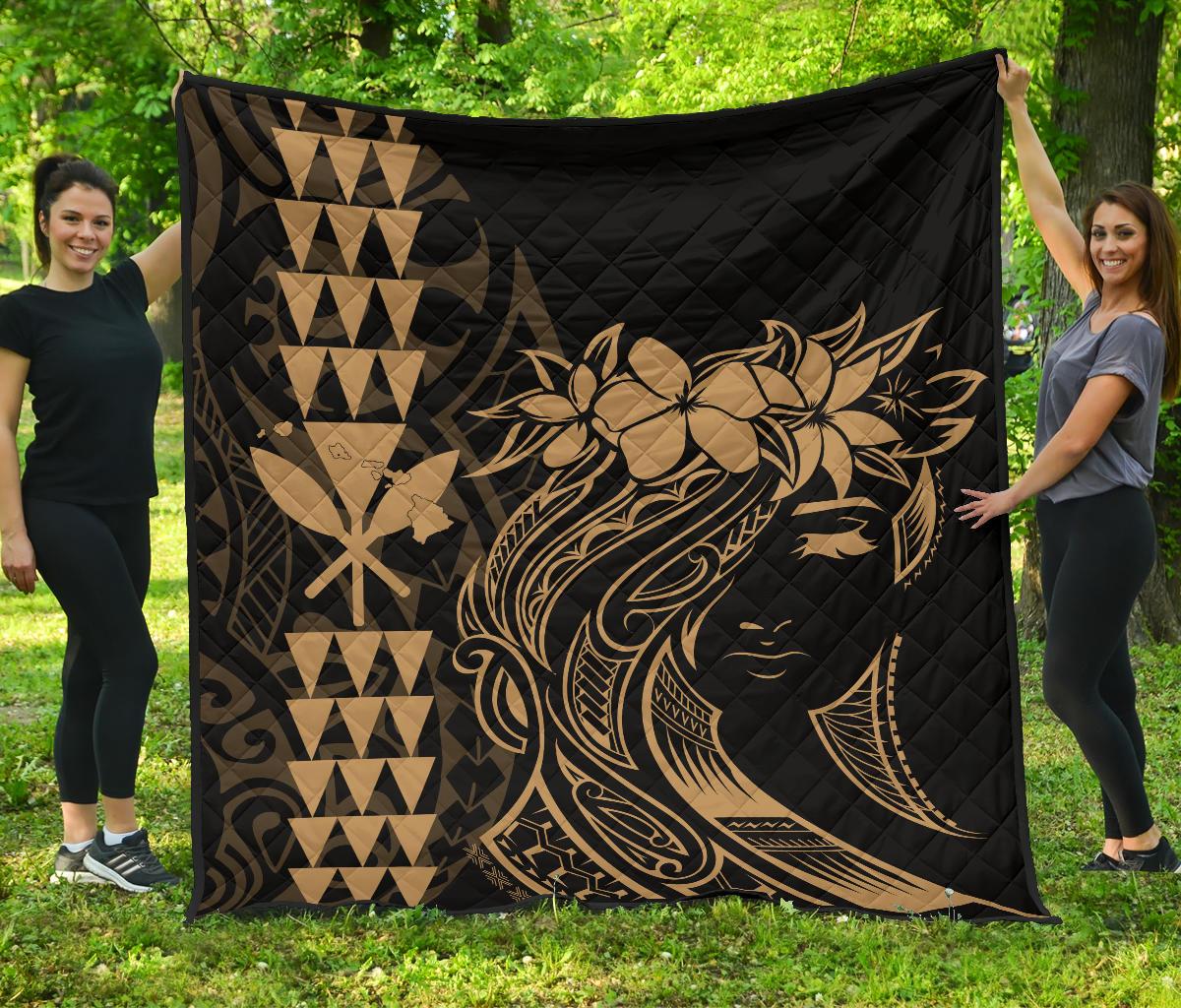 Hawaii Map Kanaka Polynesian Hula Girl Premium Quilt - Gold Gold - Polynesian Pride