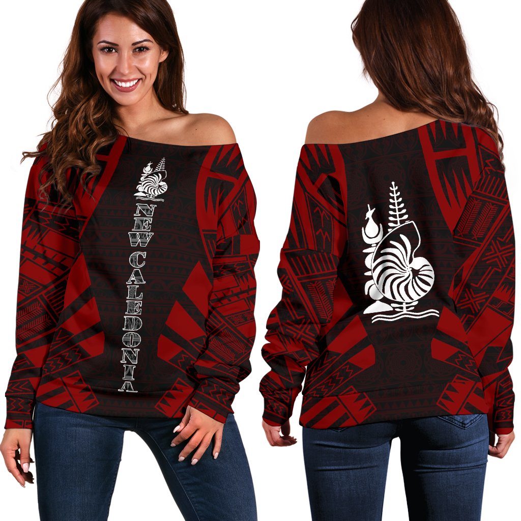 New Caledonia Women's Off Shoulder Sweater - Polynesian Tattoo Red Red - Polynesian Pride