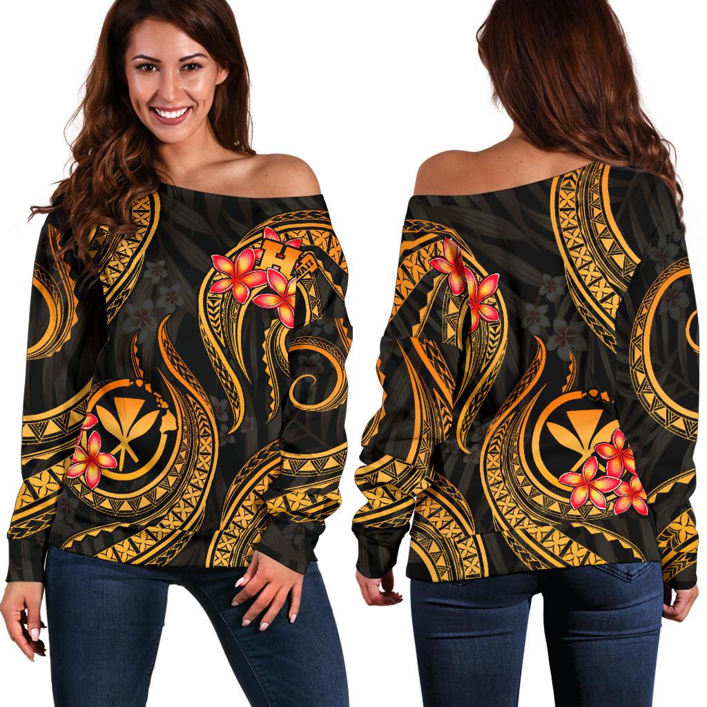 Polynesian Hawaii Women Off Shoulder Sweater - Gold Plumeria Gold - Polynesian Pride