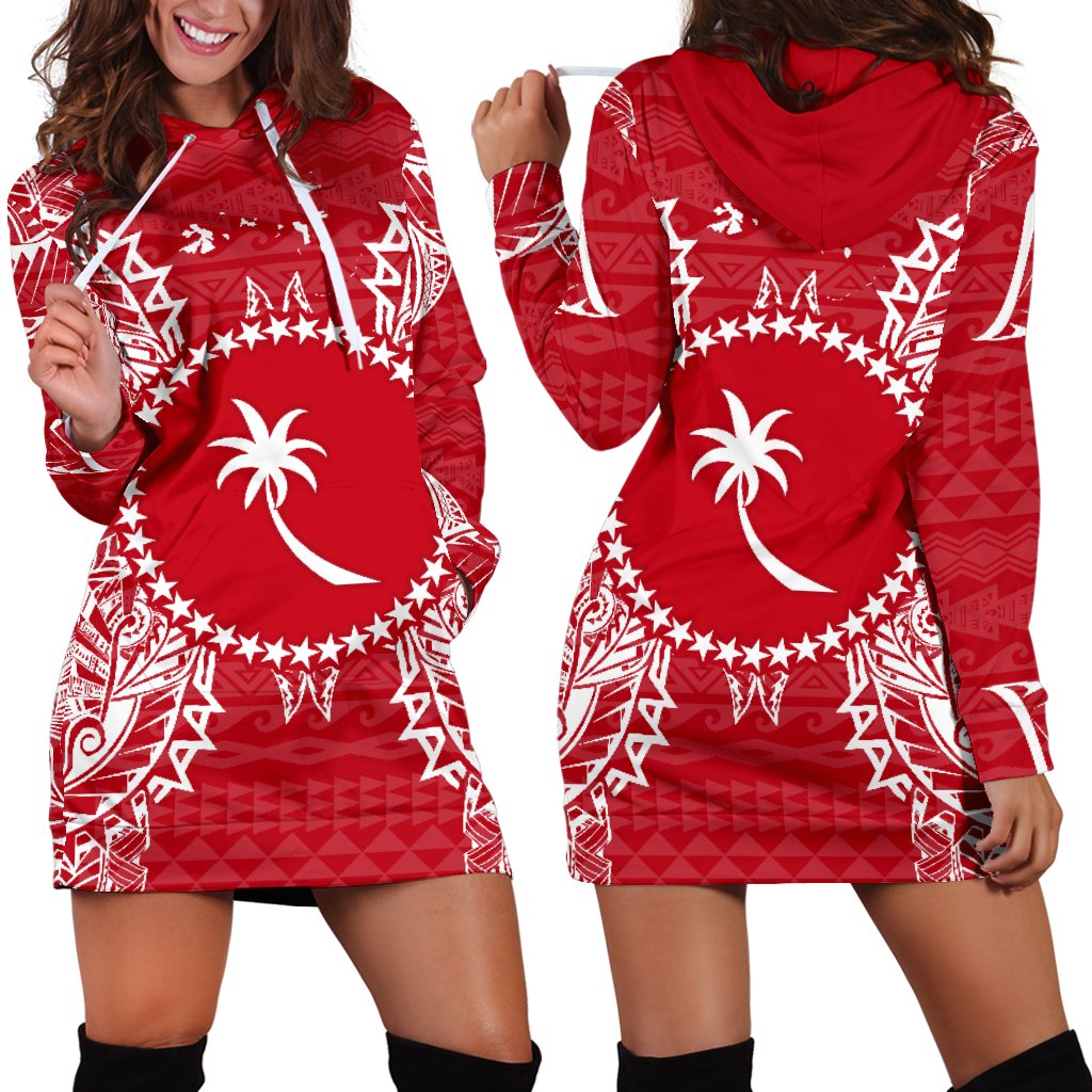 Chuuk Polynesian Hoodie Dress Map Red White Red - Polynesian Pride