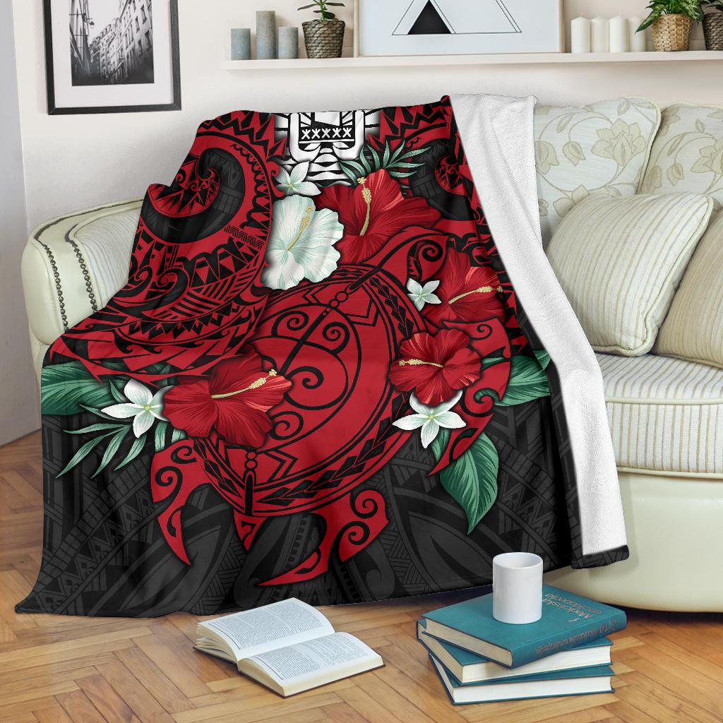 Tahiti Polynesian Premium Blanket - Hibiscus and Sea Turtle (Red) White - Polynesian Pride