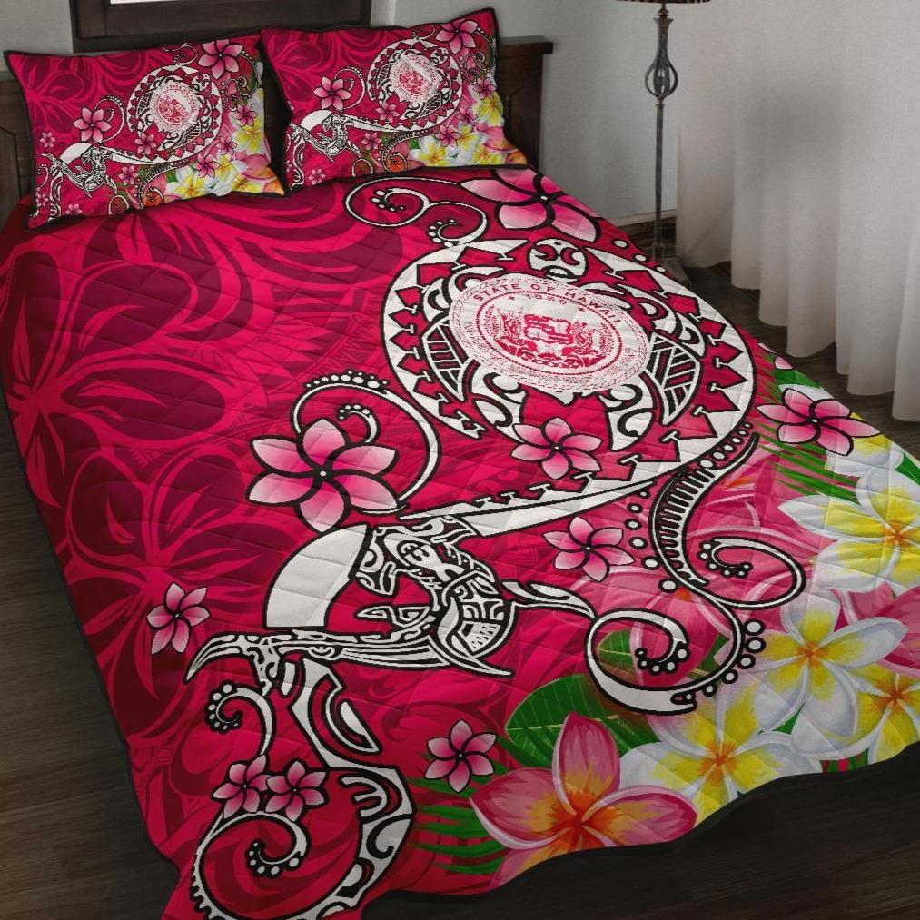 Hawaii Polynesian Quilt Bed Set - Hawaii Seal With Turtle Plumeria (Pink) Art - Polynesian Pride