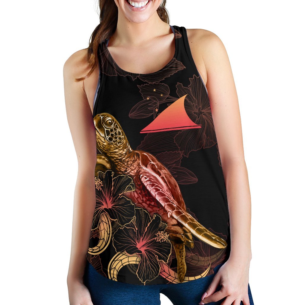 Tokelau Polynesian Women Tank Top - Turtle With Blooming Hibiscus Gold - Polynesian Pride
