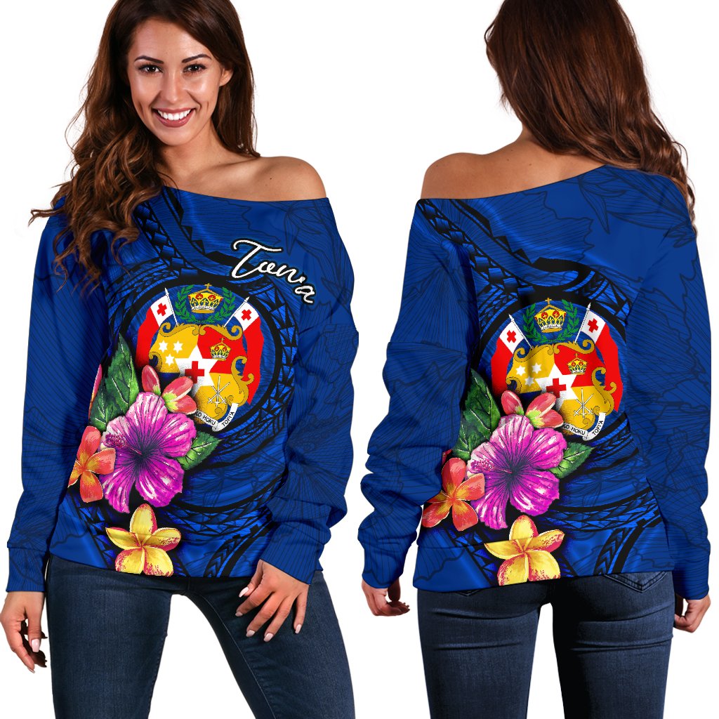 Tonga Polynesian Women's Off Shoulder Sweater - Floral With Seal Blue Blue - Polynesian Pride