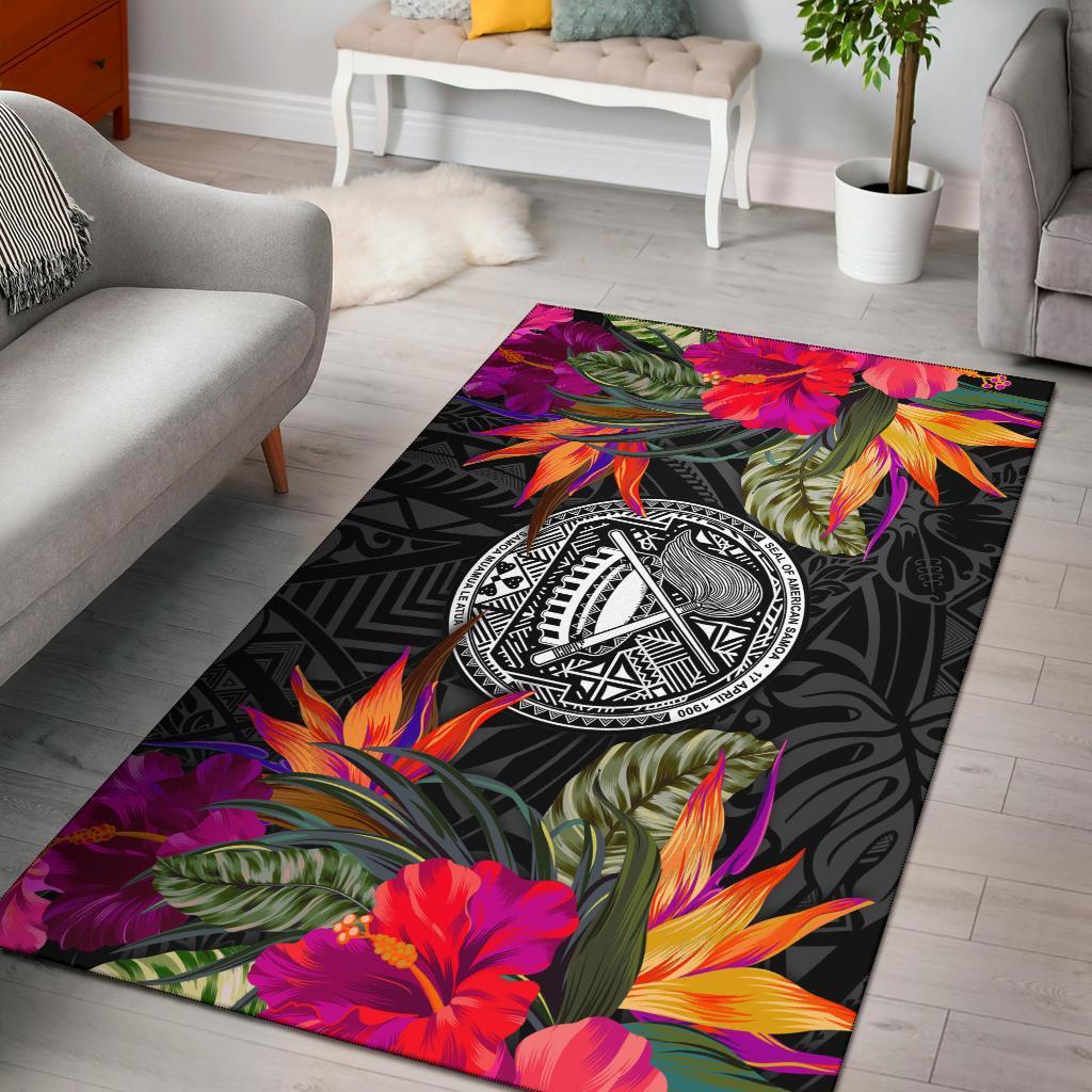 American Samoa Area Rugs Hibiscus Polynesian Pattern Black - Polynesian Pride