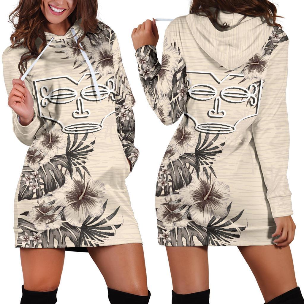 Marquesas Islands Hoodie Dress - Marquesas Islands Tiki Face & Beige Hibiscus White - Polynesian Pride