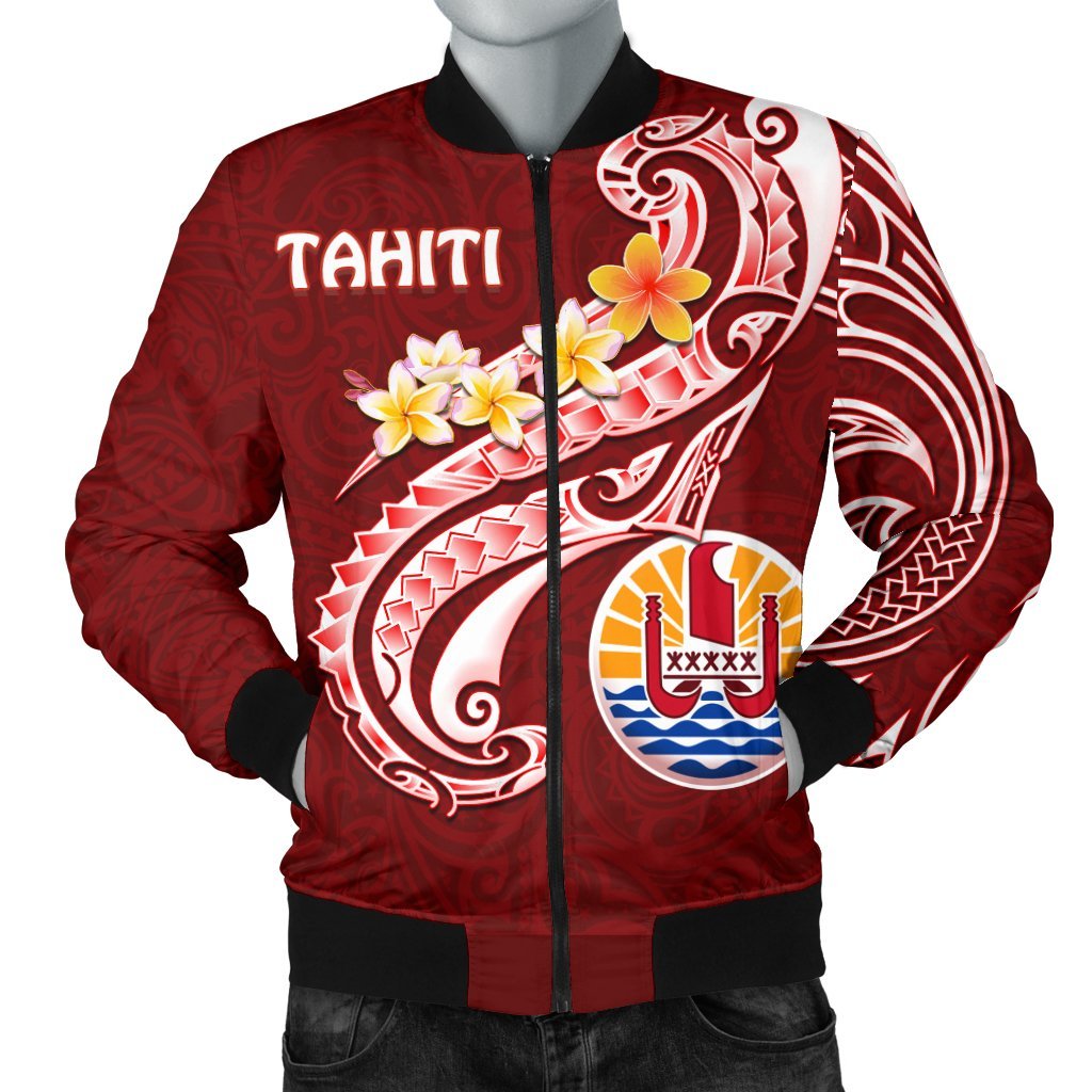 Tahiti Men's Bomber Jacket - Tahiti Seal Polynesian Patterns Plumeria Red - Polynesian Pride