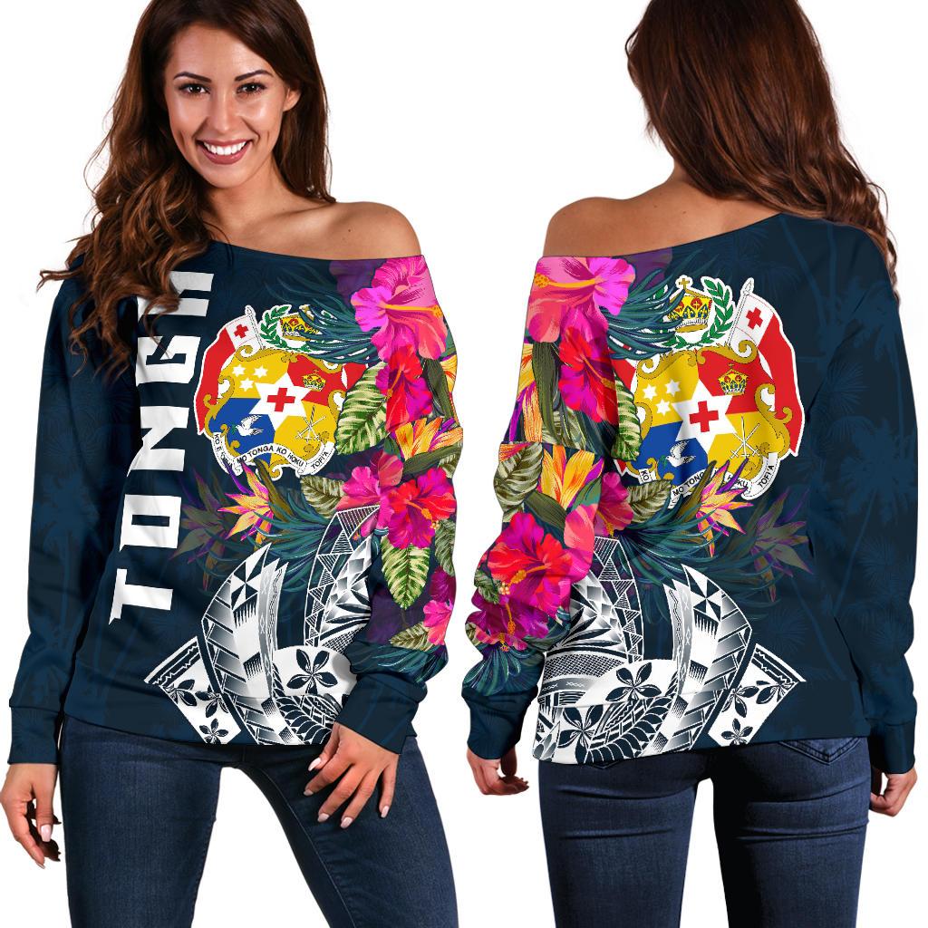 Tonga Women's Off Shoulder Sweater - Tonga Summer Vibes Blue - Polynesian Pride