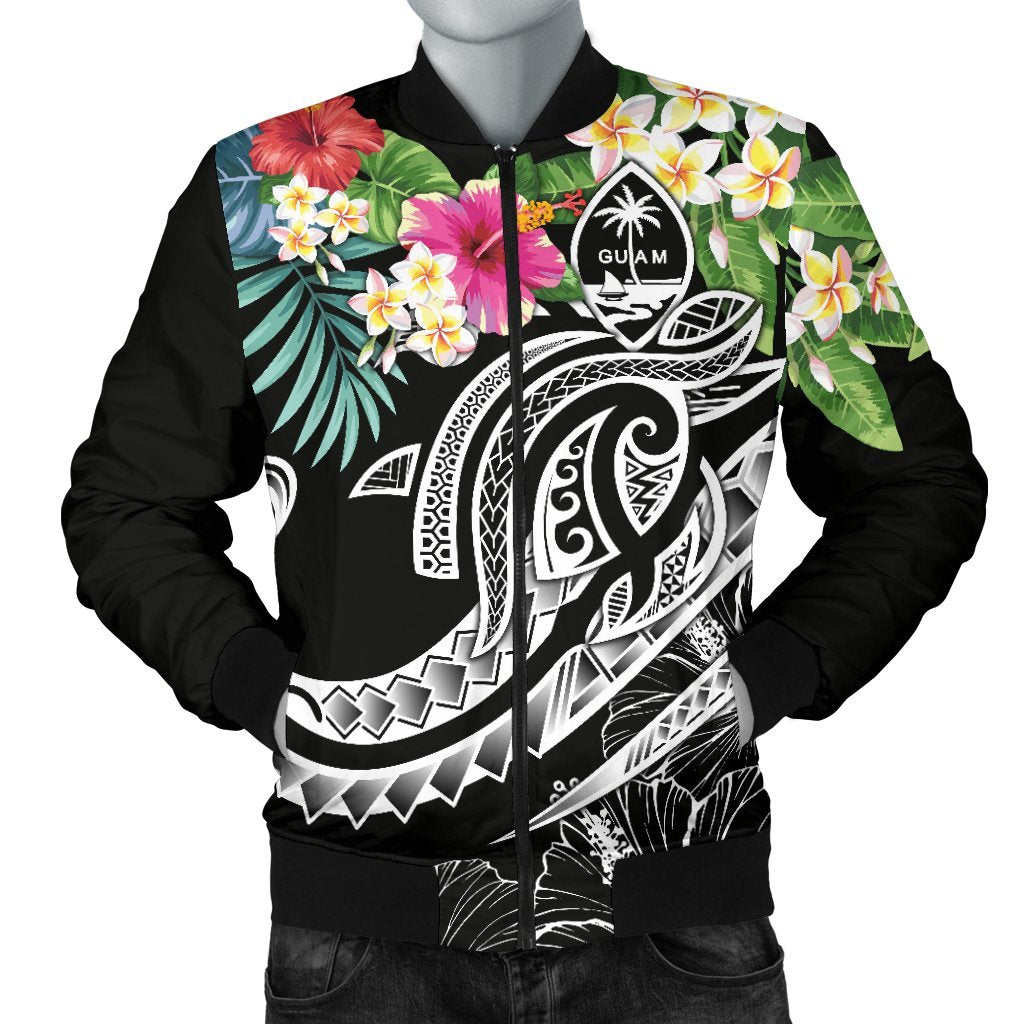 Guam Polynesian Men's Bomber Jacket - Summer Plumeria (Black) Black - Polynesian Pride