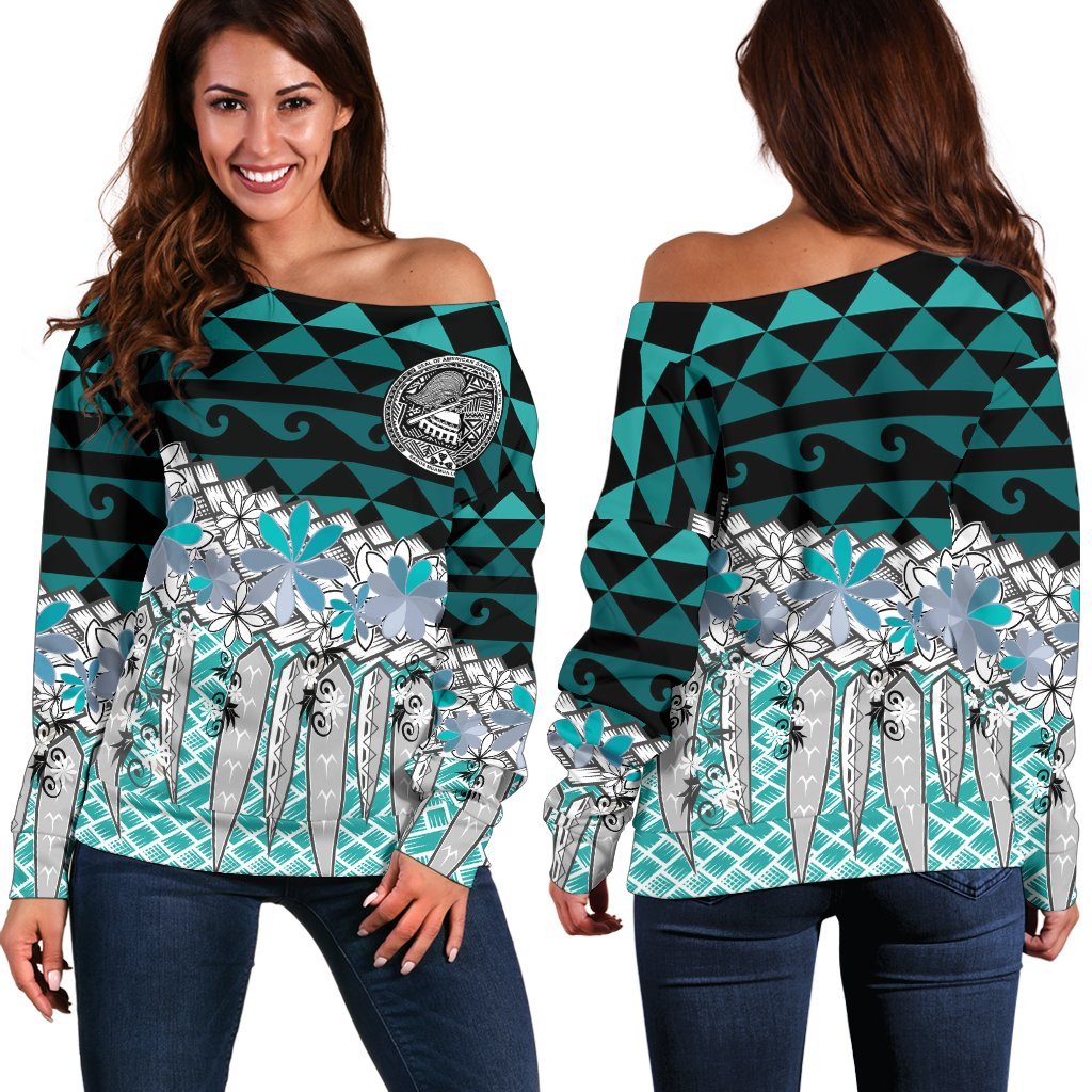 American Samoa Women's Off Shoulder Sweaters - Coconut Leaves Weave Pattern Blue Blue - Polynesian Pride