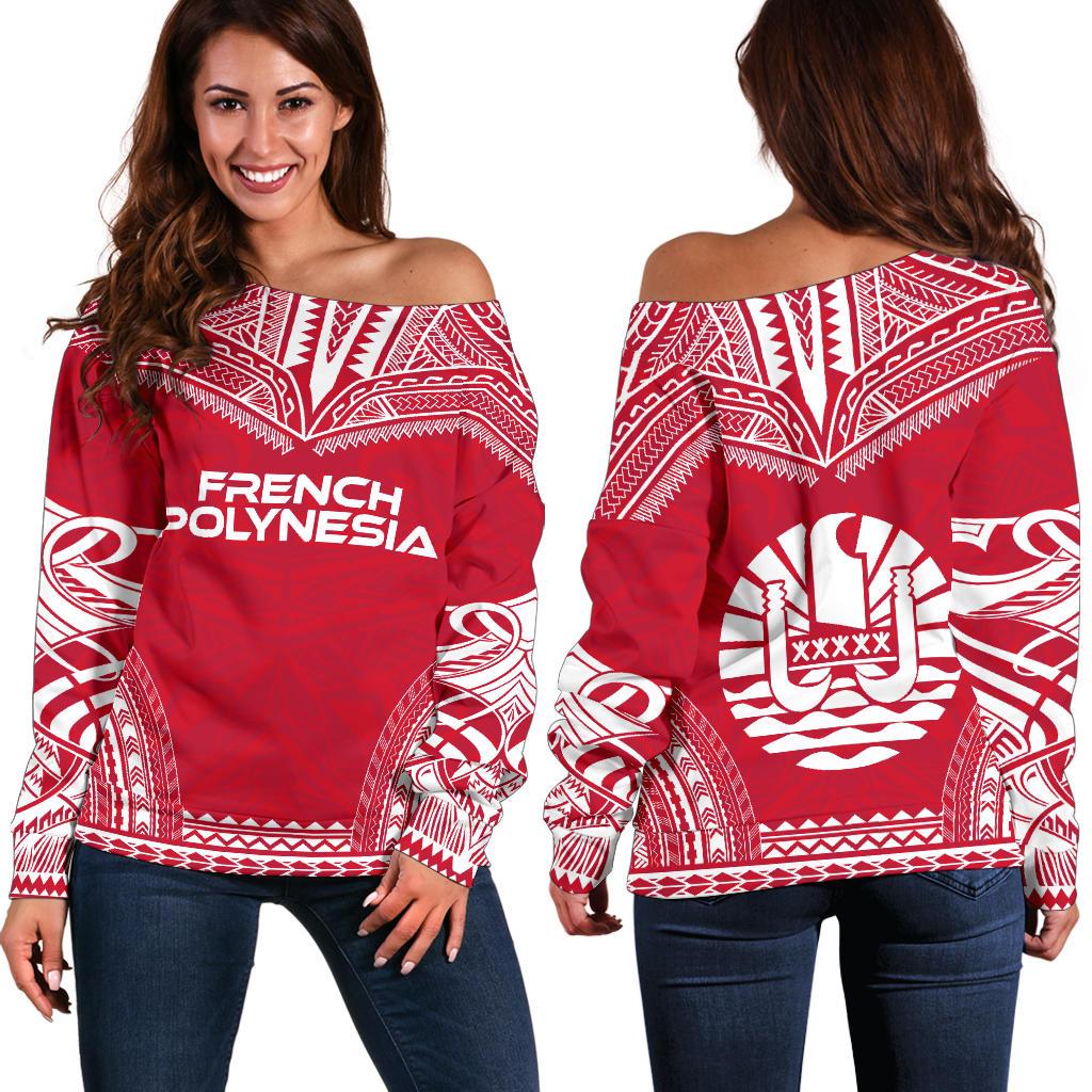 French Polynesia Flag Polynesian Chief Women's Off Shoulder Sweater Red - Polynesian Pride