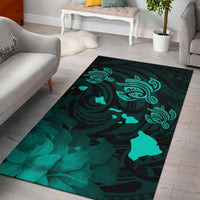 Hawaii Turtle Hibiscus Map Polynesian Area Rug AH Rug Turquoise - Polynesian Pride