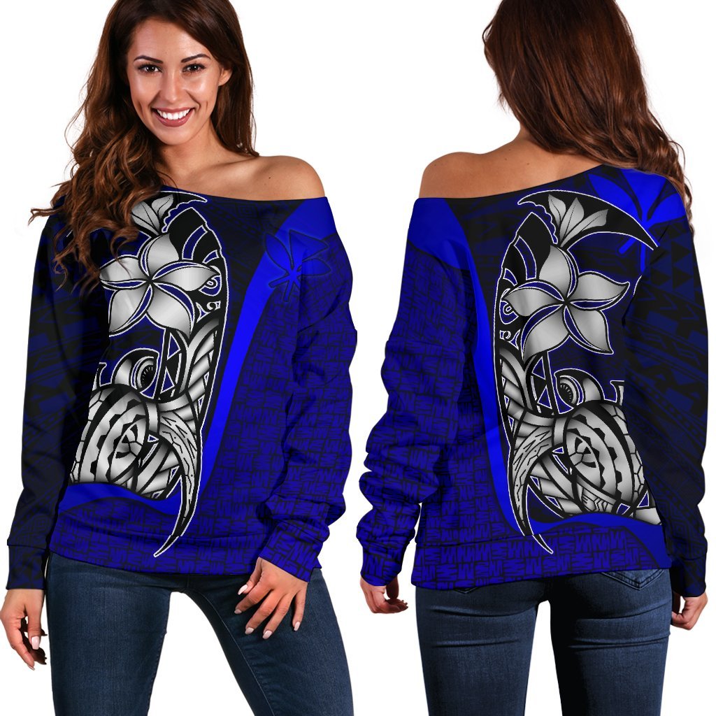 Polynesian Hawaii Off Shoulder Sweater Blue - Turtle with Hook BLUE - Polynesian Pride