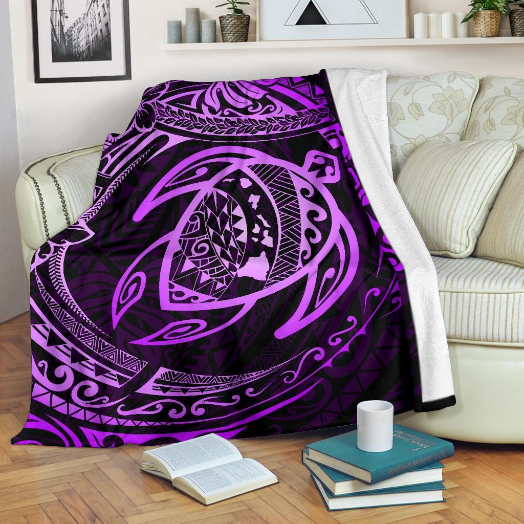 Hawaiian Turtle Polynesian Purple Premium Blanket White - Polynesian Pride