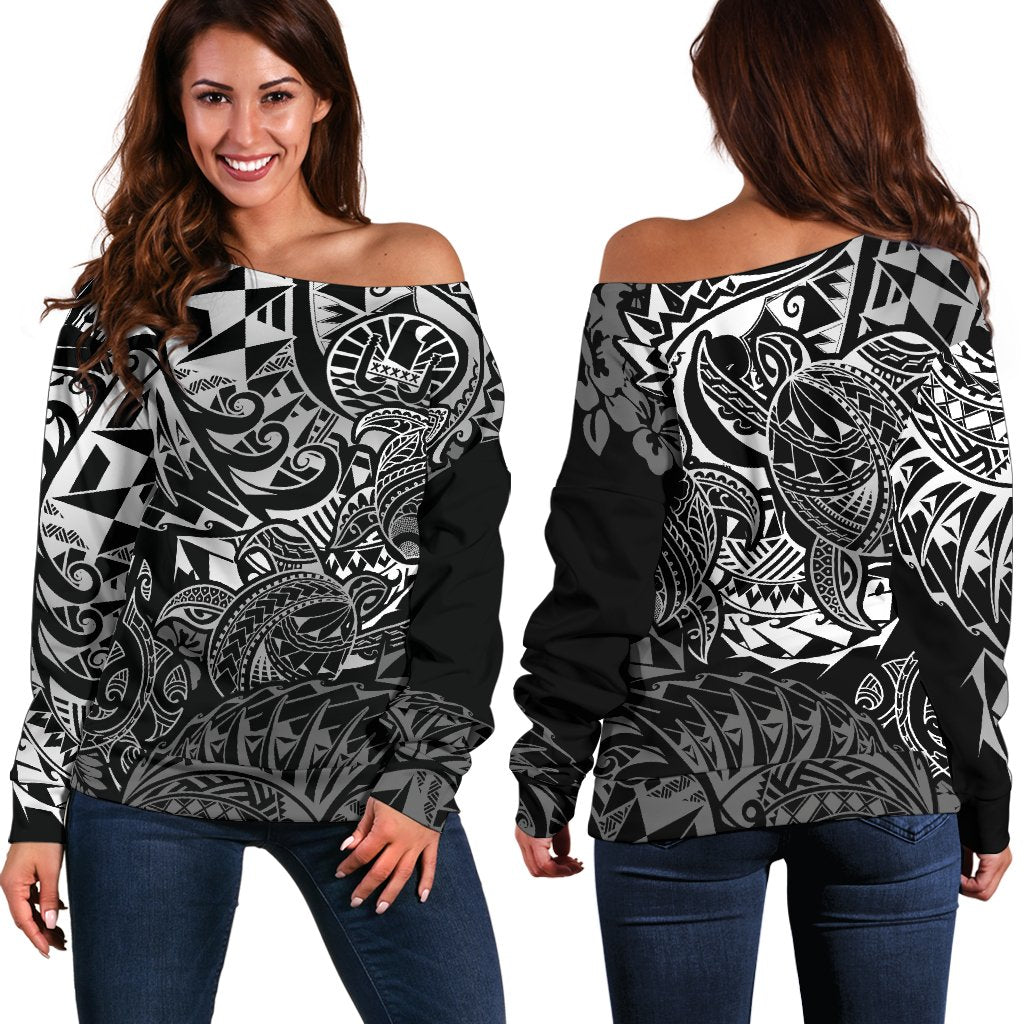 Tahiti Polynesian Women Off Shoulder Sweater - White Turtle Hibiscus Flowing White - Polynesian Pride