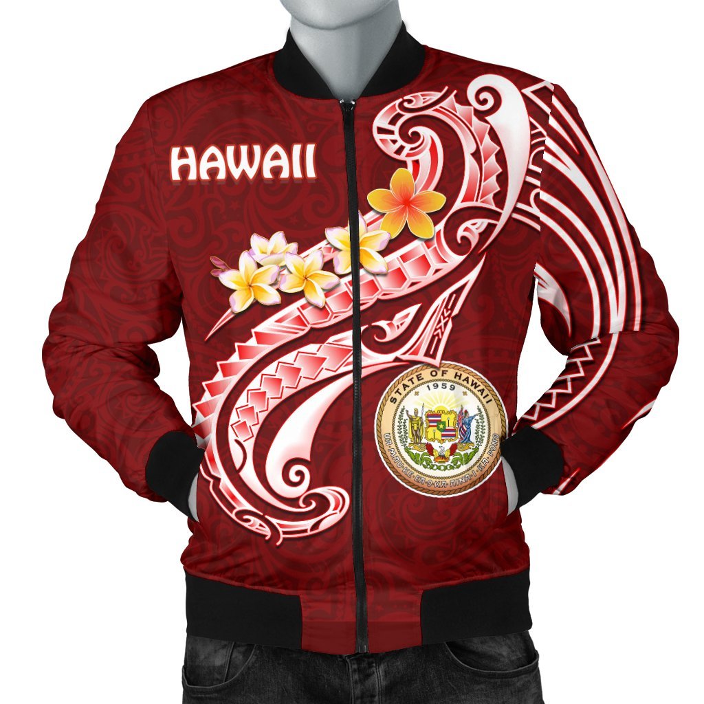 Hawaii Men's Bomber Jacket - Hawaii Seal Polynesian Patterns Plumeria Red - Polynesian Pride