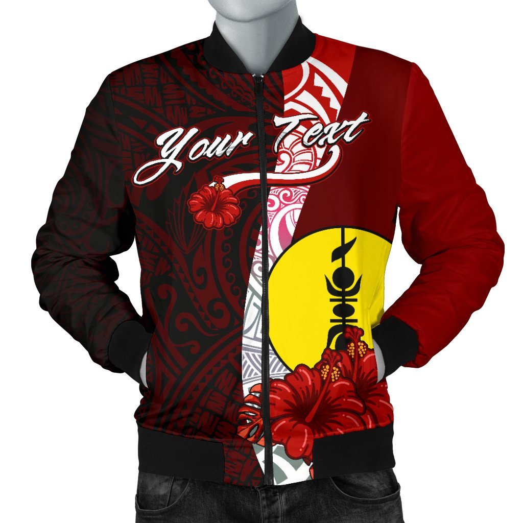 New Caledonia Polynesian Custom Personalised Men's Bomber Jacket - Coat Of Arm With Hibiscus Red - Polynesian Pride