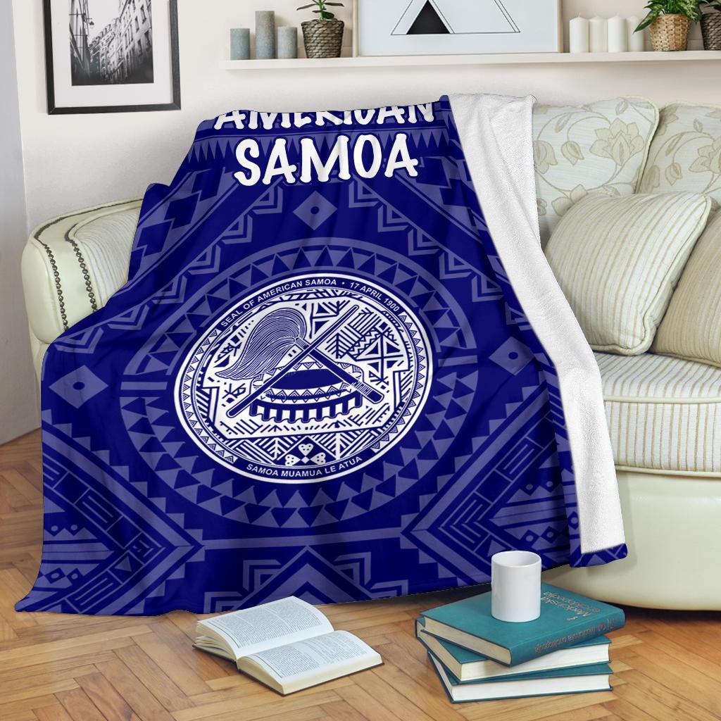 American Samoa Premium Blanket - Seal In Polynesian Tattoo Style ( Blue) White - Polynesian Pride