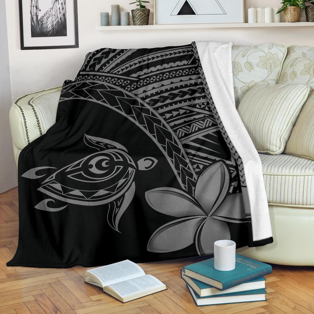 Hawaii Premium Blanket - Hawaii Turtle Plumeria Grey White - Polynesian Pride