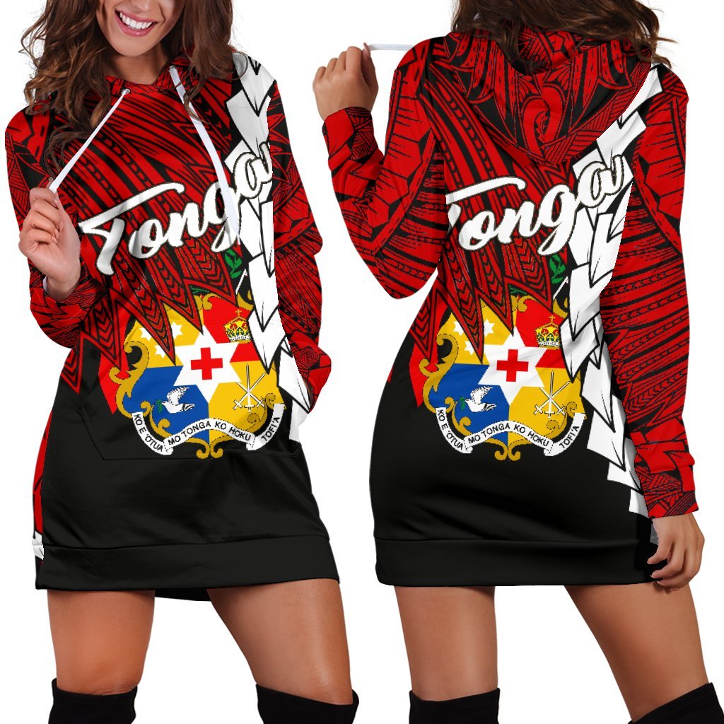 Tonga Polynesian Hoodie Dress - Tribal Wave Tattoo Flag Color Red - Polynesian Pride