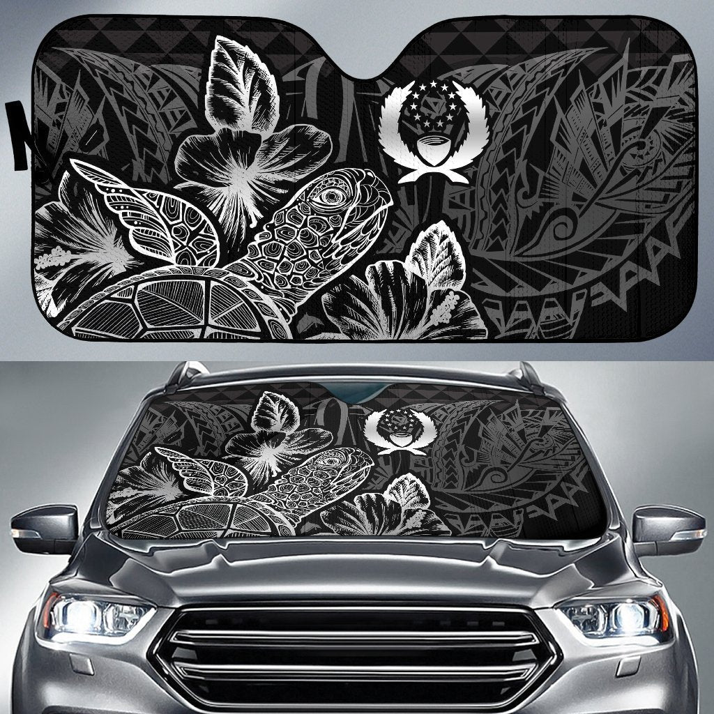 Pohnpei Auto Sun Shades Turtle Hibiscus Black Auto Sun Shade Universal Fit Black - Polynesian Pride
