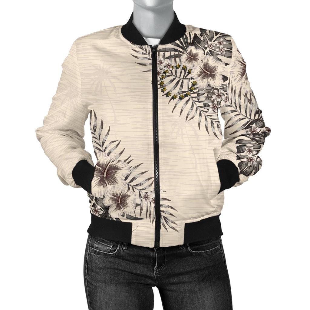 Cook Islands Women's Bomber Jacket - The Beige Hibiscus Beige - Polynesian Pride