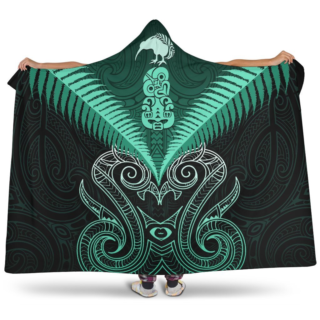 Maori Manaia New Zealand Hooded Blanket Turquoise Hooded Blanket White - Polynesian Pride