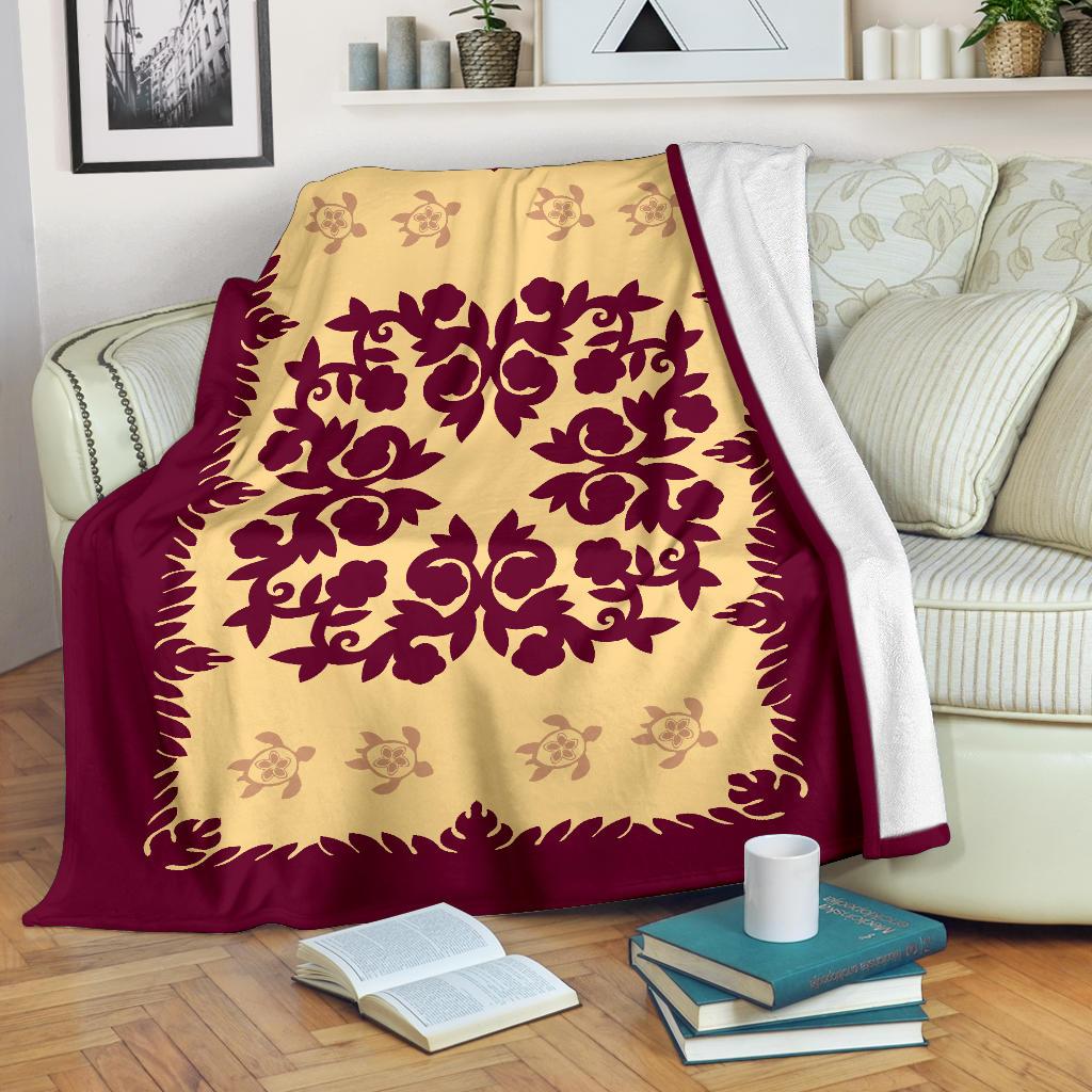 Hawaii Premium Blanket - Hawaiian Quilt Plumeria Medallion Burgundy - AH White - Polynesian Pride