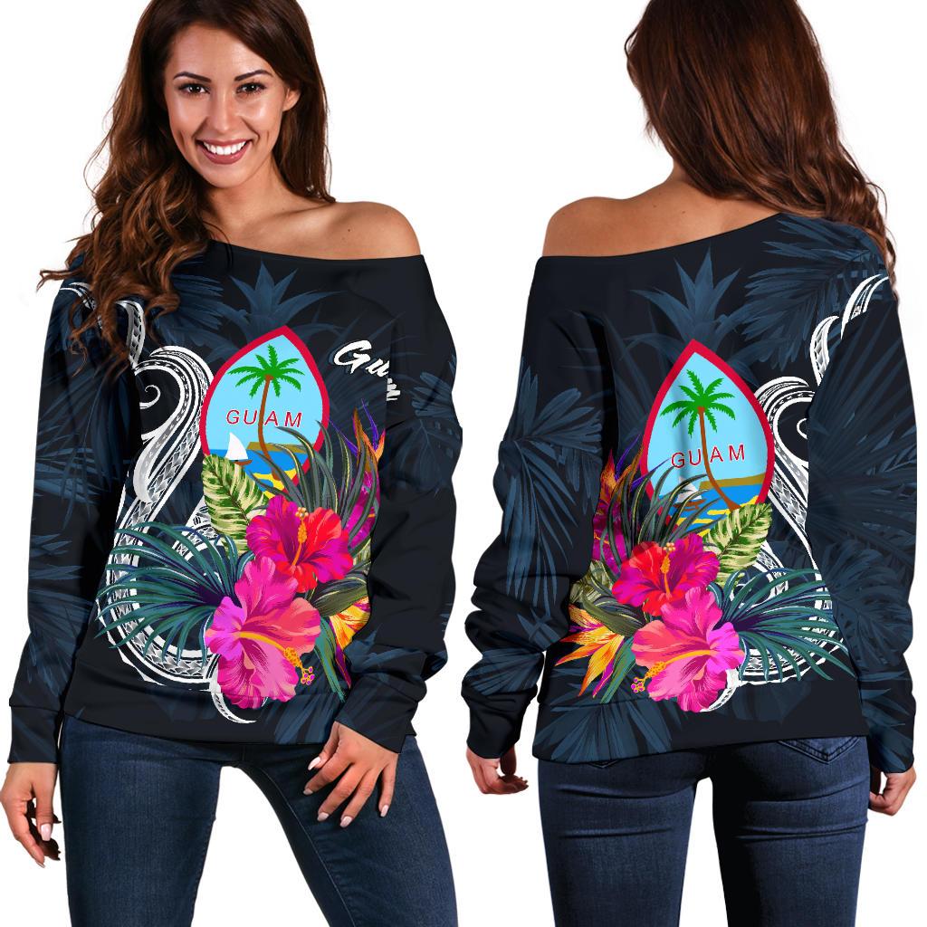 Guam Polynesian Women's Off Shoulder Sweater - Tropical Flower Blue - Polynesian Pride