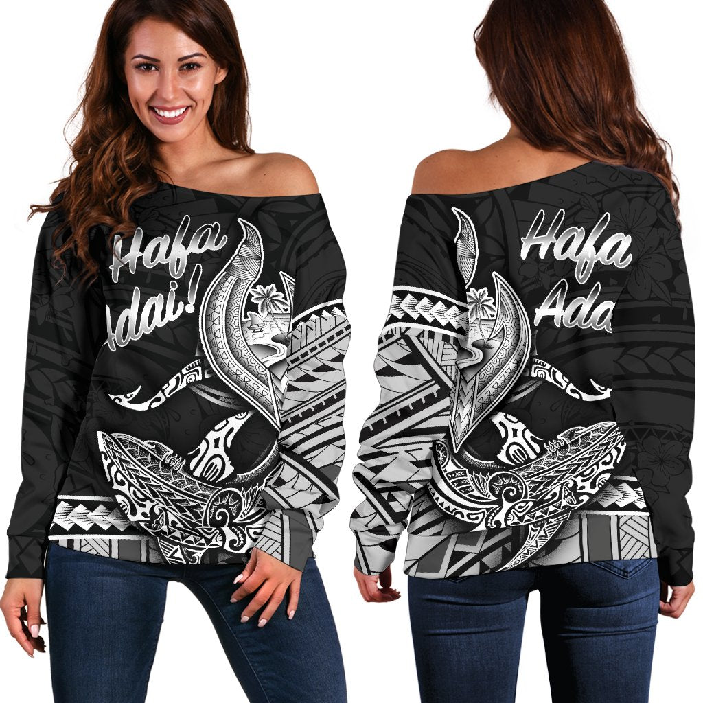 Guam Women's Off Shoulder Sweater - Hafa Adai Polynesian Patterns Black - Polynesian Pride