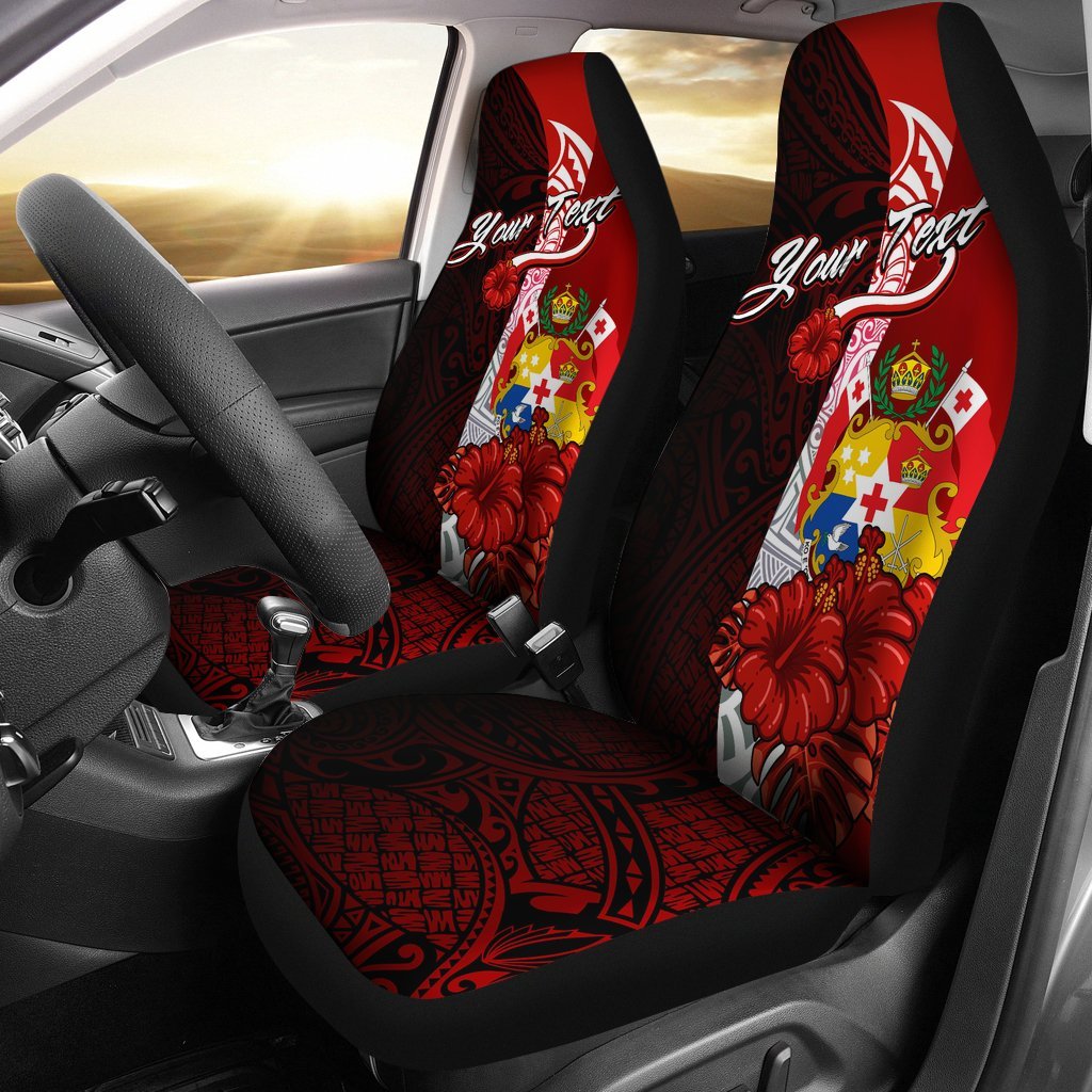 Tonga Polynesian Custom Personalised Car Seat Covers - Coat Of Arm With Hibiscus Universal Fit Red - Polynesian Pride