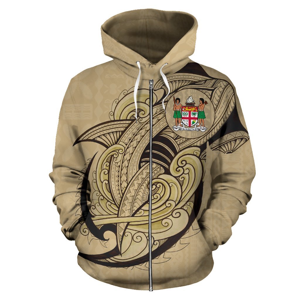 Fiji All Over Zip up Hoodie Shark Coat of Arms Gold Unisex Gold - Polynesian Pride