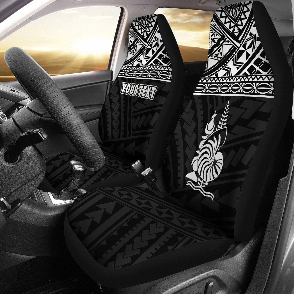 New Caledonia Custom Personalised Car Seat Covers - New Caledonia White Coat Of Arms Polynesian Tattoo Universal Fit Black - Polynesian Pride