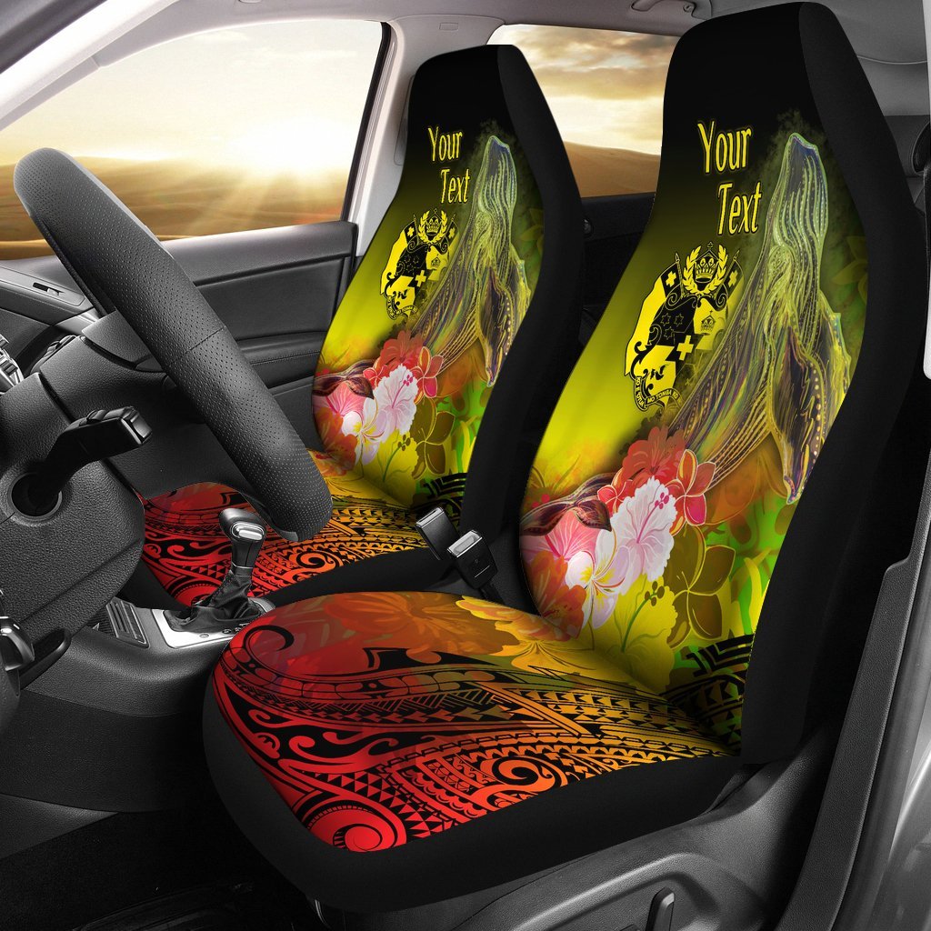 Tonga Custom Personalised Car Seat Covers - Humpback Whale with Tropical Flowers (Yellow) Universal Fit Yellow - Polynesian Pride