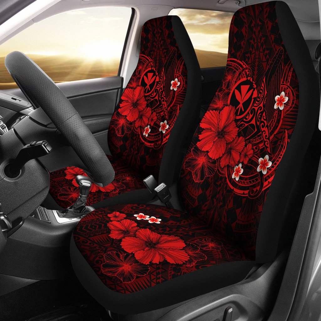 Polynesian Hawaii Kanaka Maoli Car Seat Covers - Humpback Whale with Hibiscus (Red) Universal Fit Red - Polynesian Pride