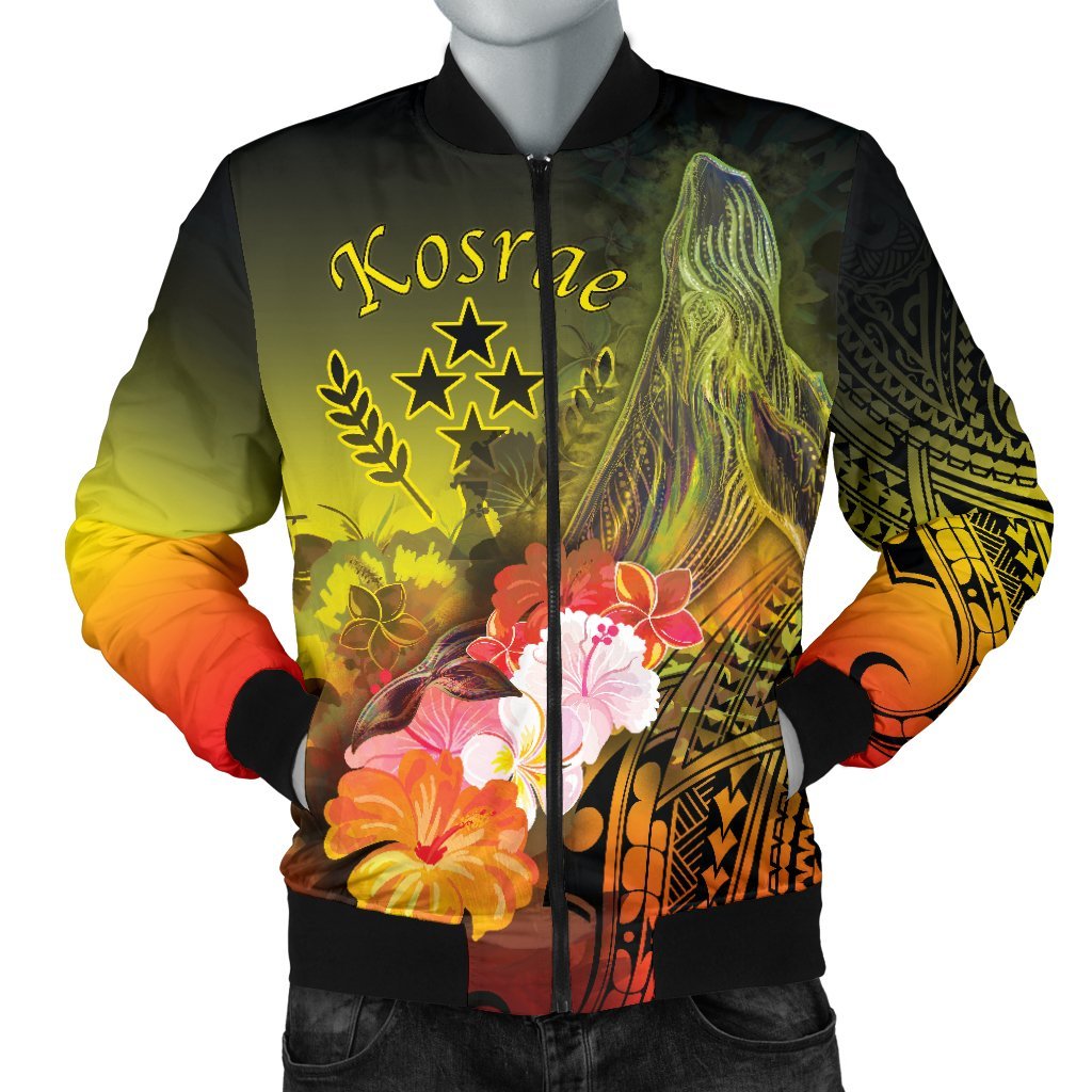 Kosrae Men's Bomber Jacket - Humpback Whale with Tropical Flowers (Yellow) Yellow - Polynesian Pride