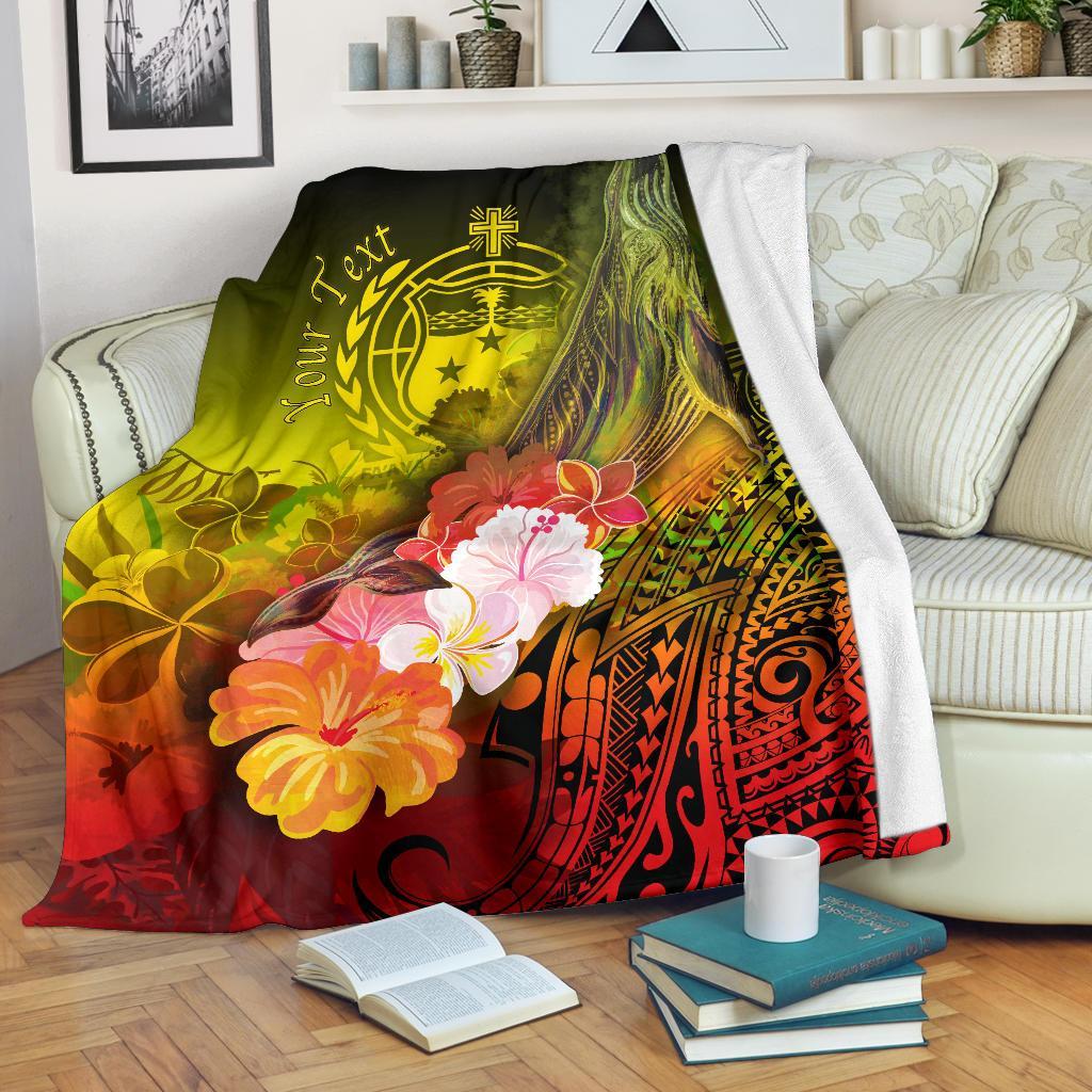 Custom Personalised Samoa Premium Blanket- Humpback Whale with Tropical Flowers (Yellow) White - Polynesian Pride