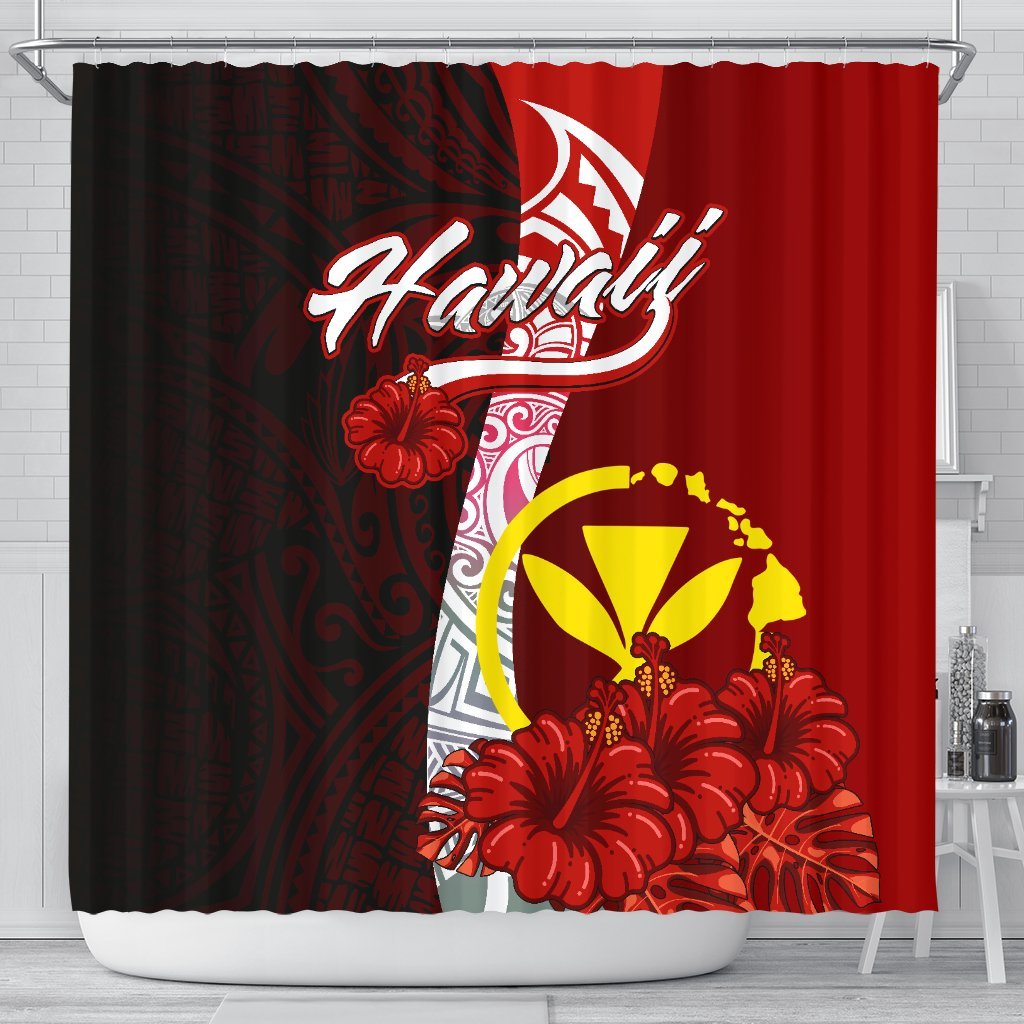 Hawaii Polynesian Shower Curtain - Coat Of Arm With Hibiscus 177 x 172 (cm) Red - Polynesian Pride