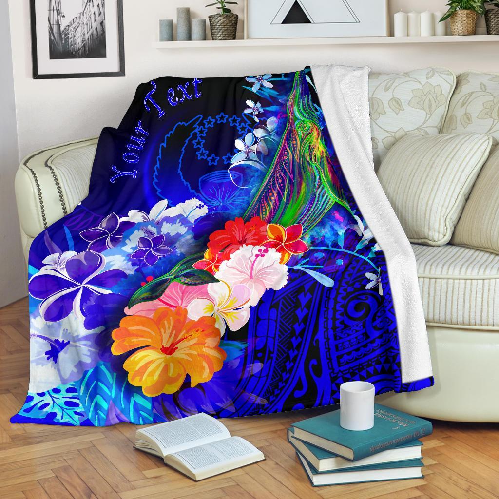 Pohnpei Custom Personalised Premium Blanket - Humpback Whale with Tropical Flowers (Blue) White - Polynesian Pride