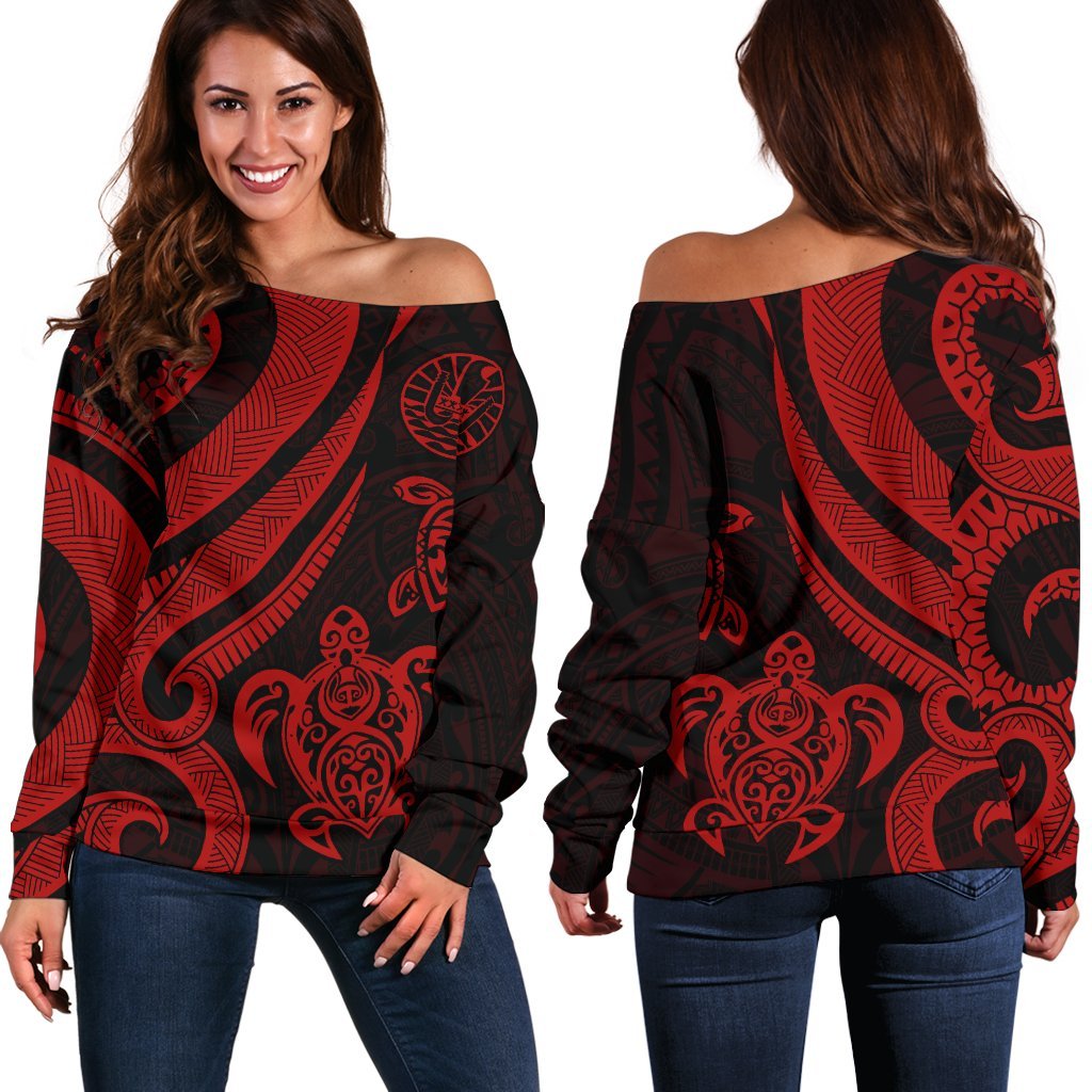 Tahiti Polynesian Women Of Shoulder Sweater - Red Tentacle Turtle Red - Polynesian Pride