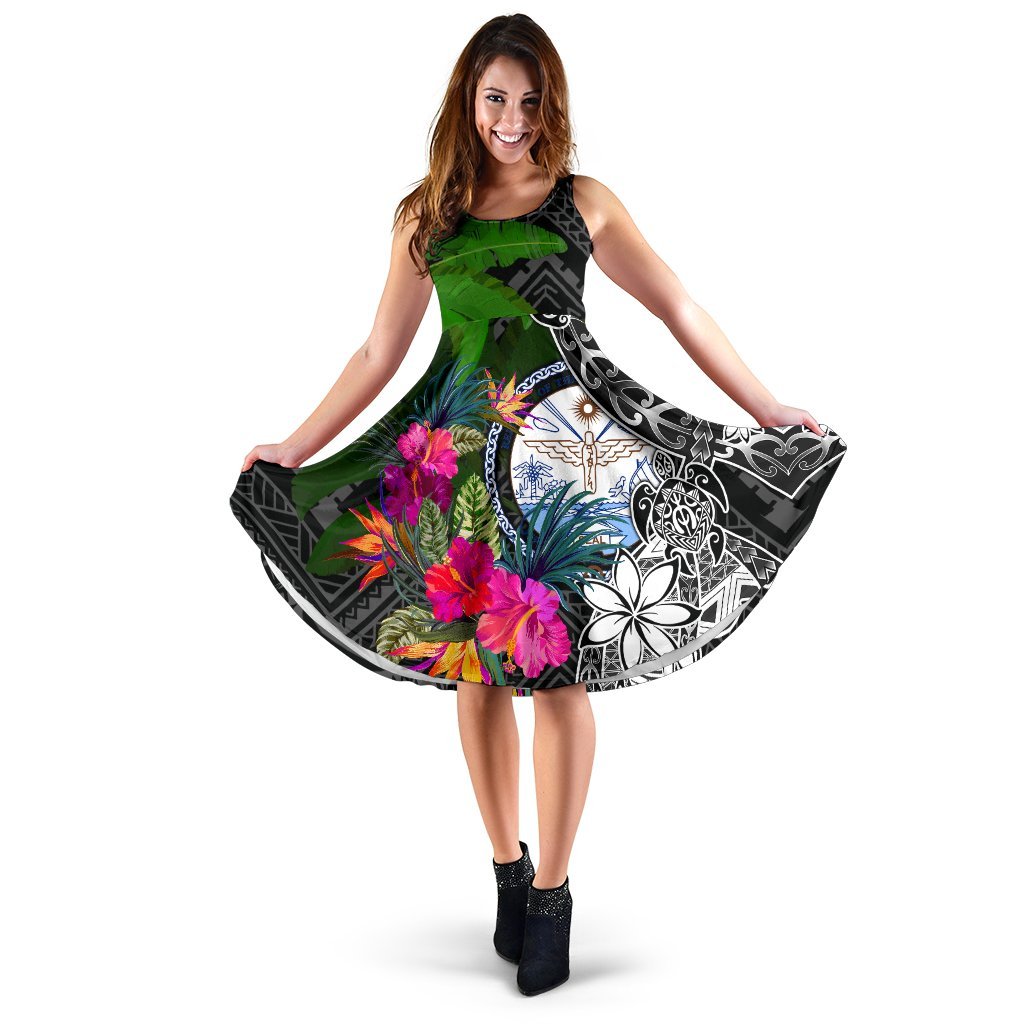 Marshall Islands Midi Dress - Turtle Plumeria Banana Leaf Crest Women Black - Polynesian Pride