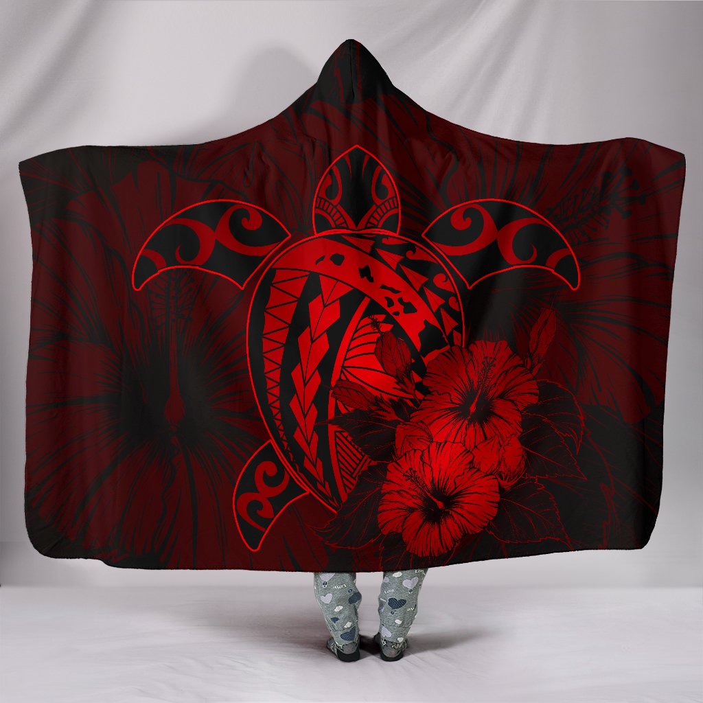 Hawaii Hibiscus Hooded Blanket - Harold Turtle - Red Hooded Blanket Red - Polynesian Pride