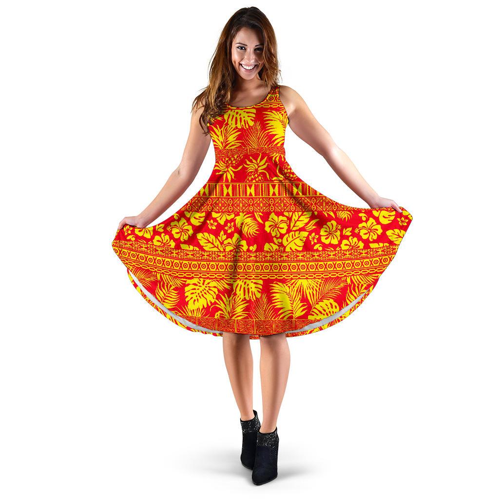 Hawaiian Women's Dress - Hibiscus Tropical Leaves Yellow Women Yellow & Red - Polynesian Pride