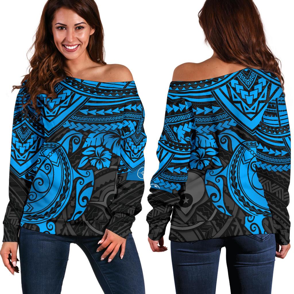 Yap Polynesian Off Shoulder Sweater (Women) - Blue Turtle Blue - Polynesian Pride