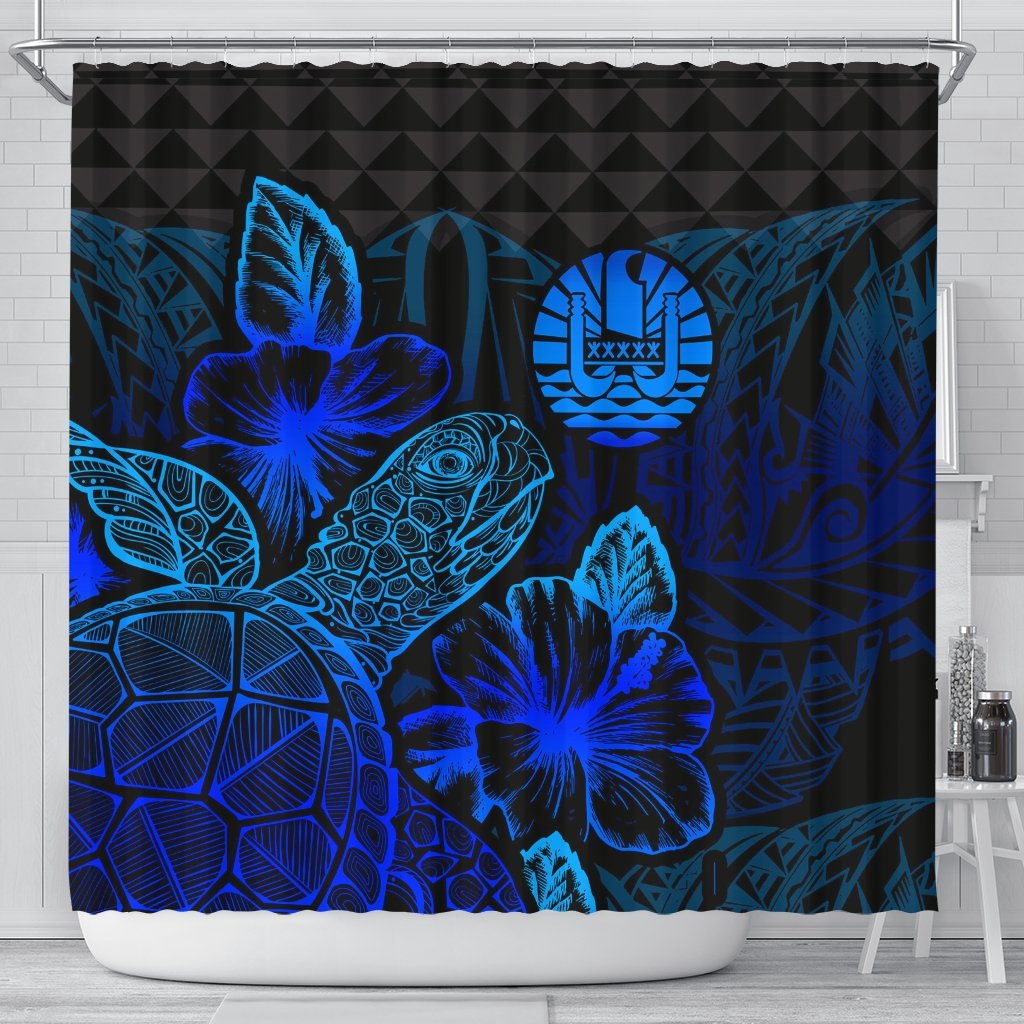 Tahiti Shower Curtain Turtle Hibiscus Blue 177 x 172 (cm) Blue - Polynesian Pride